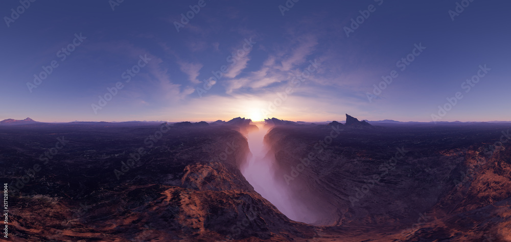 Obraz premium Epic Sunrise Over Mist-Filled Canyon Valley With Jagged Cliffs — 3D Rendering Landscape Panorama