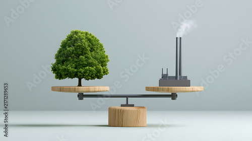 Conceptual balance scale showing trade-off between nature green tree and heavy industry factory polluter with smoke in minimalist style