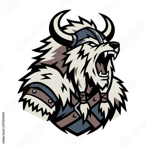Bild auf Leinwand Viking Berserker Fur And Horns Mascot Logo