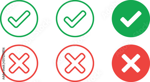 Cuadro en lienzo Set of green check mark and red cross icons for correct and incorrect choice but