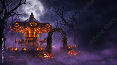 Scary Halloween Night Background with Haunted Castle, Glowing Moon, Dark Trees and Spooky Pumpkin Landscape Illustration