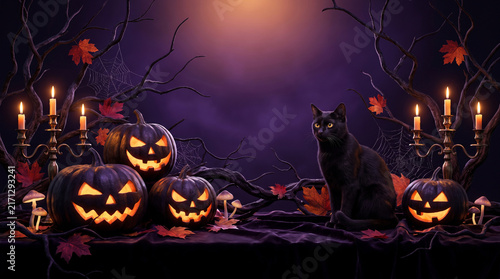 Spooky Halloween Background with Pumpkins, Bats and Full Moon at Night, Dark Haunted House and Tree Silhouettes, Autumn October Holiday Horror Illustration Design