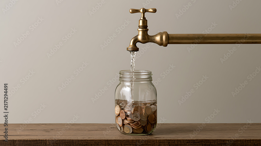 Obraz premium A brass faucet pour water into a glass jar fill with metal coins on wood table against neutral background, financial concept of asset growth
