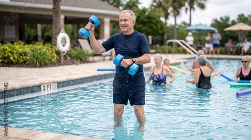 Active senior man exercising with dumbbells in a swimming pool with other seniors participating in water aerobics
