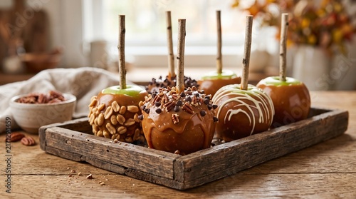 Assortment of Gourmet Caramel Apples with Nuts and Chocolate Chips on Rustic Wooden Tray