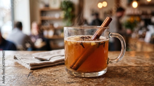 Hot Spiced Cider in a Glass Mug with Cinnamon Sticks and Star Anise on a Wooden Table