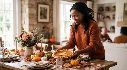 Woman places pumpkin pie on a festive Thanksgiving table decorated with pumpkins and autumn leaves