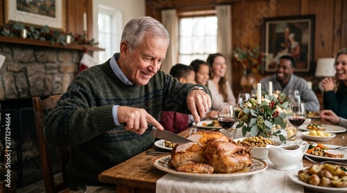 Elderly Man Carving Roasted Turkey at Family Thanksgiving Dinner Table
