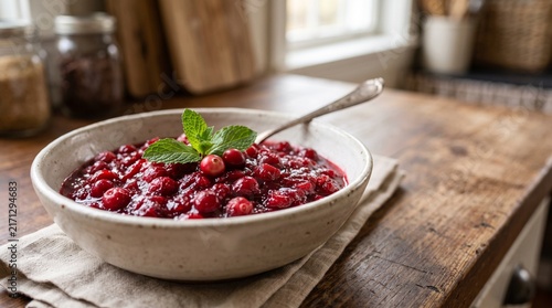 Homemade Cranberry Sauce in a Rustic Bowl Garnished with Mint Leaves and Fresh Cranberries