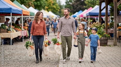 Happy family shopping for fresh produce at an outdoor farmers market on a sunny day