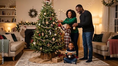 Happy Black Family Decorating a Christmas Tree Together Indoors in a Cozy Living Room
