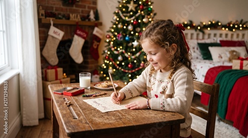 Young girl writes a letter to Santa Claus on Christmas Eve with milk and cookies beside her