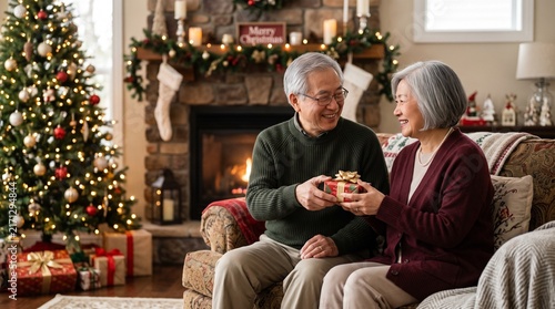 Elderly Asian couple exchanging Christmas gifts by a decorated fireplace and tree