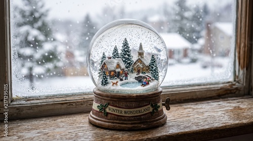 Charming Winter Wonderland Snow Globe Scene on a Rustic Wooden Window Sill