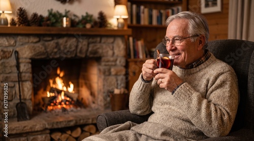 Elderly man enjoying a warm drink by a cozy fireplace in a rustic cabin