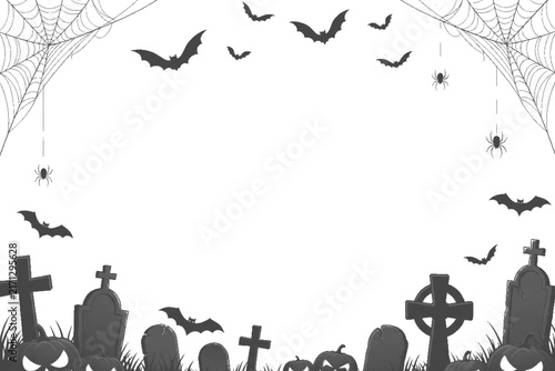Fotografía Spooky halloween border frame featuring flying bats dangling spiders and weather