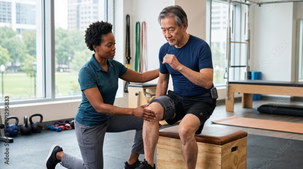 Fototapeta premium Physical Therapist Assisting Senior Man with Knee Rehabilitation in Gym. Concept of physical therapy, physiotherapist, knee pain, senior healthcare. Copy space.