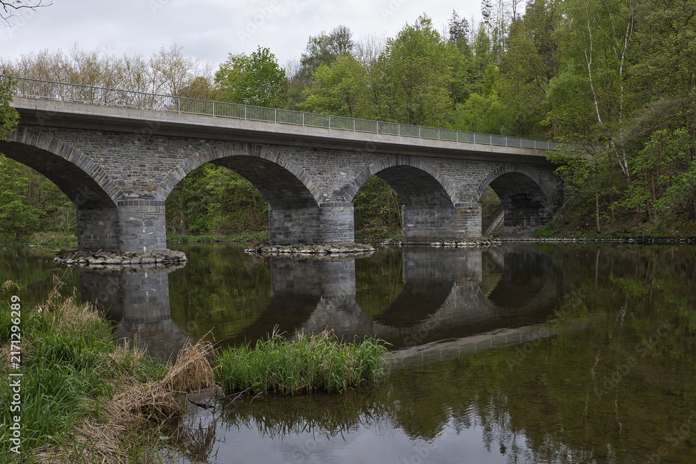 Fototapeta premium Moderne Straßenbrücke über die Saale mit Metallgeländer, Uferstraße im Sommer, Wald im Hintergrund, Verkehrsinfrastruktur, Ziegenrück, Saale-Orla-Kreis, Thüringen, Deutschland