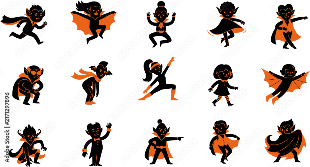 Obraz premium Set of cute little cartoon superheroes in various action poses isolated on a white background
