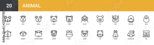 Set of 20 outline web Animal icons such as owl, chameleon, rabbit, cat, panda, frog, jaguar vector icons for report, presentation, diagram, web design, mobile app