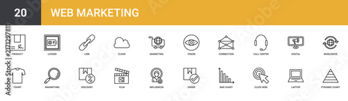 Set of 20 outline web Web Marketing icons such as pyramid chart, laptop computer, click here, bar chart, order, influencer, film vector icons for report, presentation, diagram, web design, mobile app