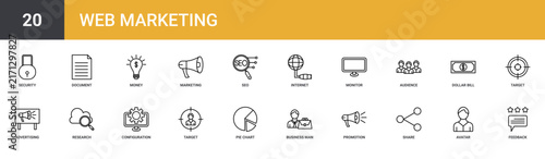 Set of 20 outline web Web Marketing icons such as feedback, avatar, share, promotion, business man, pie chart, target audience vector icons for report, presentation, diagram, web design, mobile app
