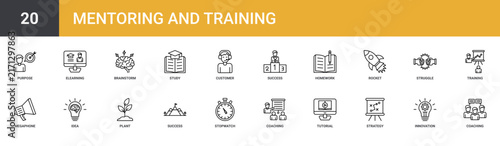 Set of 20 outline web Mentoring and Training icons such as coaching, innovation, strategy, tutorial, coaching, stopwatch, success vector icons for report, presentation, diagram, web design, mobile