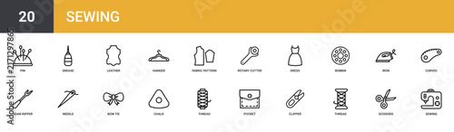 Set of 20 outline web Sewing icons such as sewing, scissors, thread, clipper, pocket, thread, chalk vector icons for report, presentation, diagram, web design, mobile app