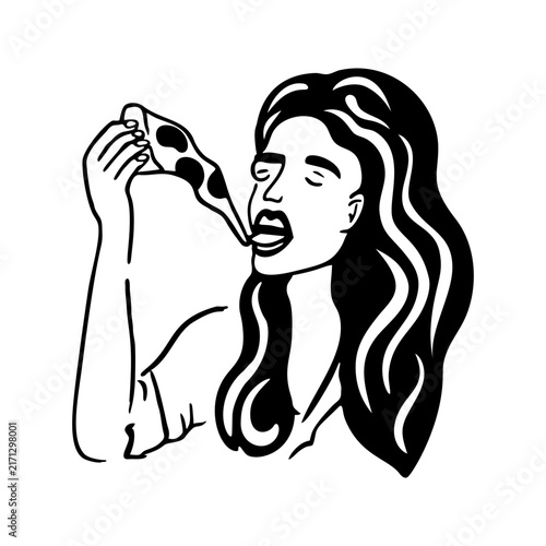 Woman eating pizza slice with prosciutto and cheese stretch, hand drawn line art illustration of italian food