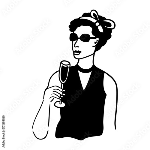 Woman holding champagne glass, stylish lady with sunglasses and bow, hand drawn modern party illustration