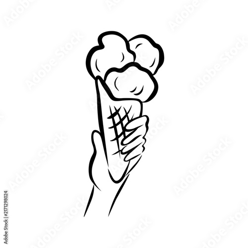 Hand holding waffle cone with three scoops ice cream, hand drawn summer gelato doodle illustration