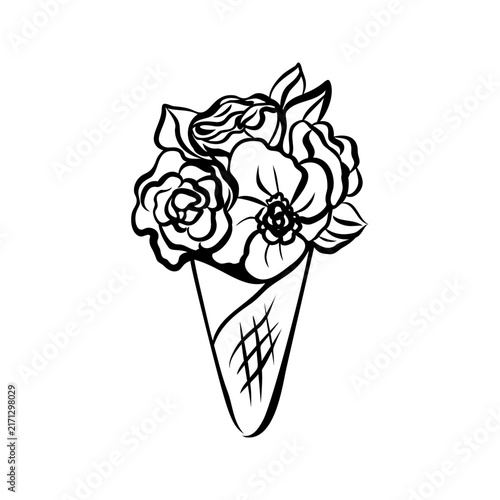 Waffle cone bouquet with roses and anemone flowers, hand drawn floral ice cream doodle, sketch line art illustration