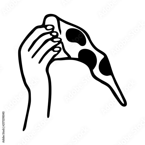 Hand holding pizza slice with prosciutto and melted cheese stretch, hand drawn italian food line art