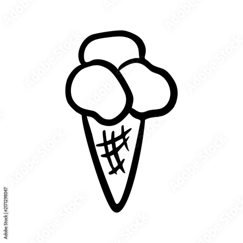 Waffle cone with three scoops ice cream, hand drawn summer gelato doodle, simple line art illustration