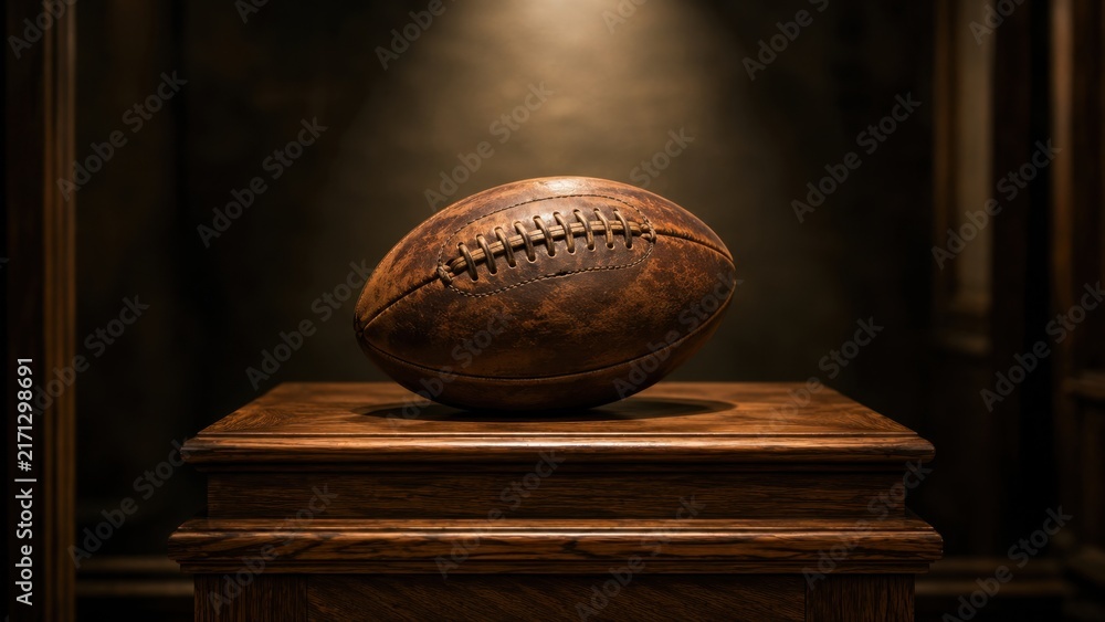 Fototapeta premium Vintage Leather American Football Ball Displayed on Wooden Pedestal in Museum. Concept of handcrafted, rugby, oak, plinth, rugger, sports history. Copy space.