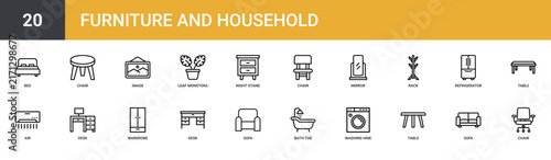 Set of 20 outline web Furniture and Household icons such as chair, sofa, table, washing hine, bath tub, sofa, desk vector icons for report, presentation, diagram, web design, mobile app
