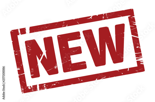 A distressed red rubber stamp with the word NEW imprinted in bold white letters inside a rectangular frame for emphasis and graphic design