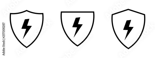 Set of three black shield icons with lightning bolt symbols for protection and energy concepts