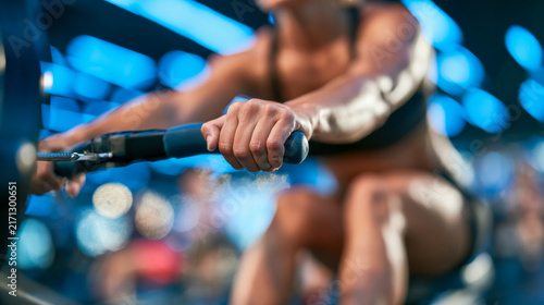 Fit woman exercising on a rowing machine in a modern gym, gripping the handle during an intense cardio and strength training workout
