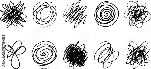 Bild auf Leinwand Scribble circle vector set, hand drawn messy ink tangles, 10 black sketch doodle