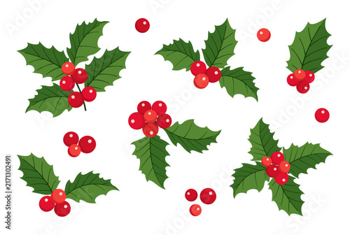 Cute hand drawn Christmas holly berry vector clip art set. Features cartoon green winter leaves and red berries collection. Perfect for holiday sticker design greeting cards and party patterns.