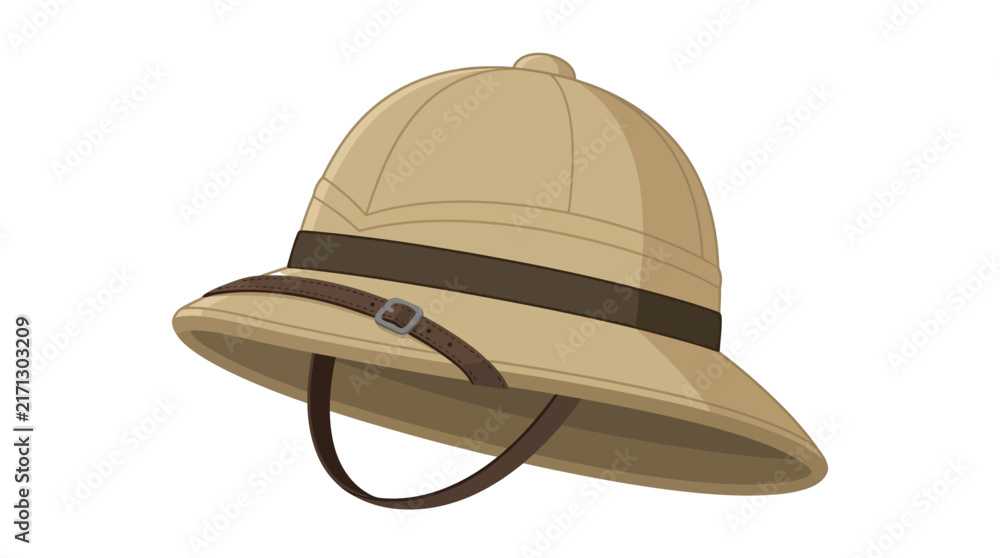 Fototapeta premium Vintage beige pith helmet featuring a decorative brown strap in a clean flat vector design style
