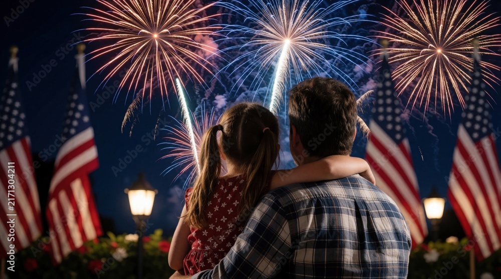 Naklejka premium Father and daughter embrace watching vibrant fireworks explode in night sky. American flags wave proudly nearby. Family enjoys summer holiday celebration outdoors together, feeling patriotic joy.