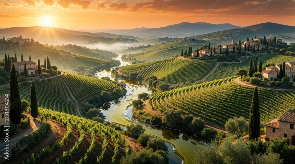 Fototapeta premium Rolling hills with vineyards, villas under warm sunrise light. River flows through green fields in Tuscany, Italy. Cypress trees frame scenic countryside, evoking peace, natural beauty. Rural