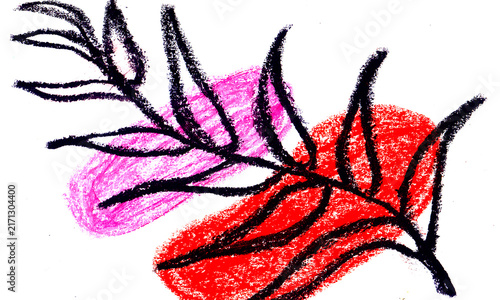 Canvas Print Black ink of a fern leaf silhouette layered over soft pink and red crayon smudge