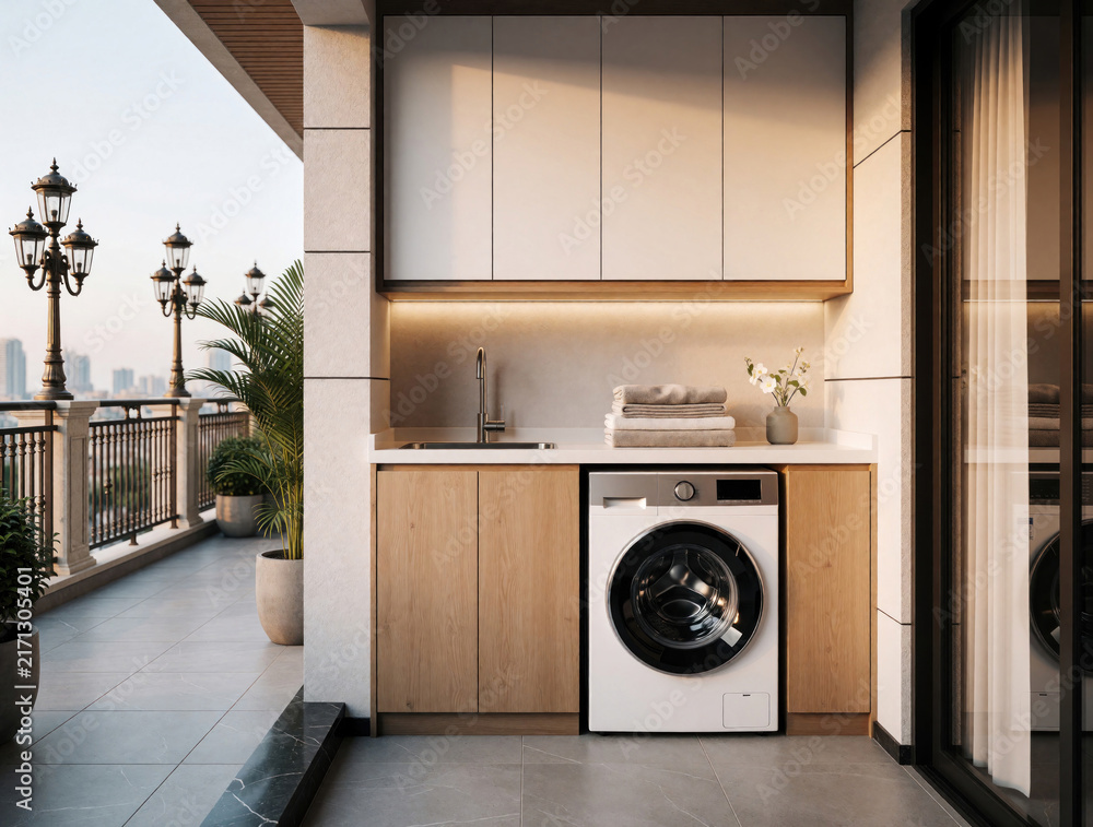 Fototapeta premium Modern balcony with outdoor laundry area. White washing machine under wooden cabinets near sink. Compact laundry room setup on apartment terrace with city view. Small space washing station features