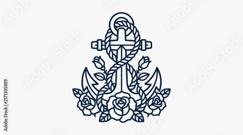Foto Nautical anchor vector illustration featuring a dark blue line art ship anchor entwined with a thick rope and decorated with three roses and two buds on a white background