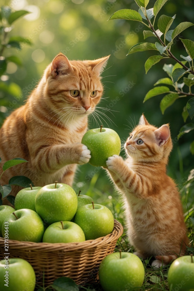 Naklejka premium Ginger tabby cat, small kitten play with green apples in garden. Cute pets touch fruit near wicker basket among trees. Young domestic felines explore nature, food in summer orchard. Orange fur