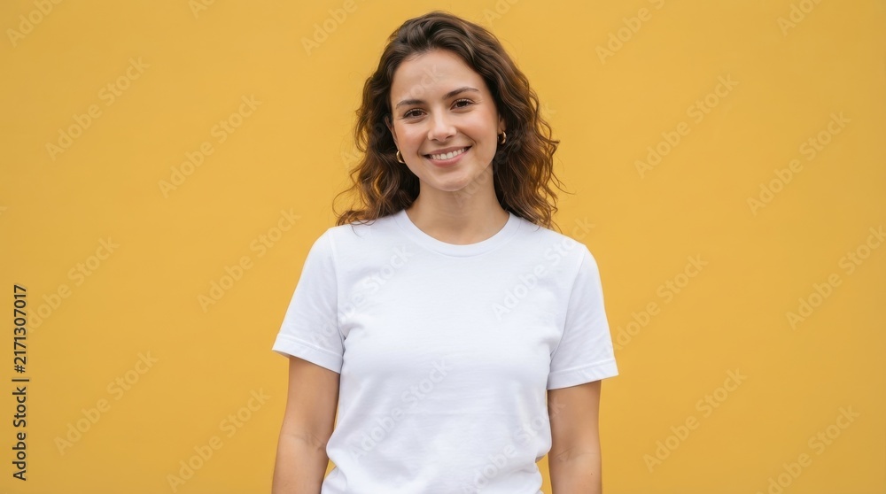 Obraz premium Smiling young woman in plain white t-shirt