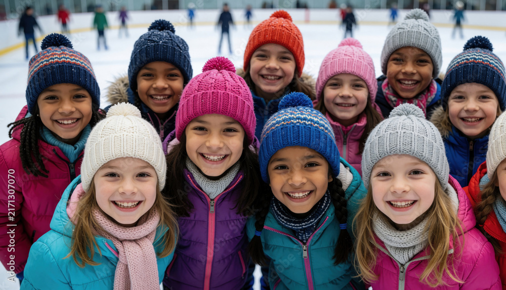 Obraz premium Group of happy diverse children wear colorful winter hats, jackets at indoor ice skating rink. Smiling kids enjoy winter sports together. Friends laugh, celebrate childhood joy playing games in cold